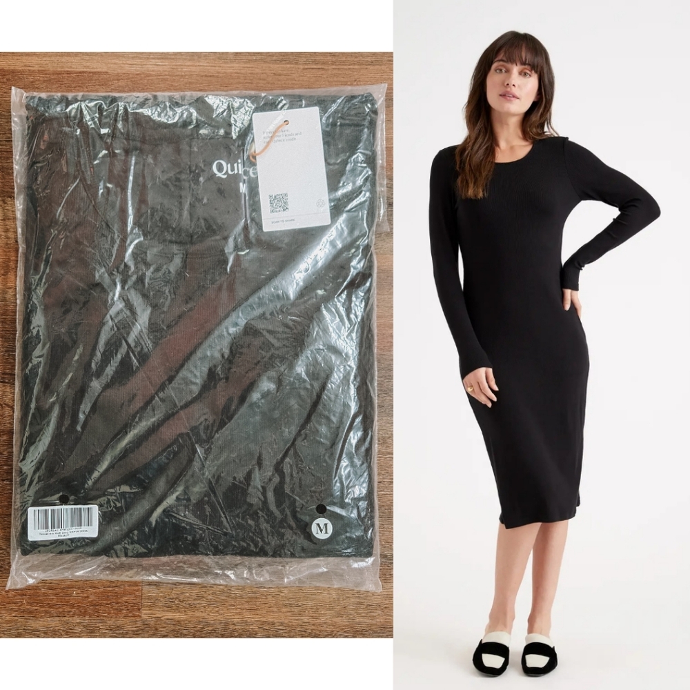 NIB Quince Tencel Rib Knit Long Sleeve Midi Dress Black Medium 8 10